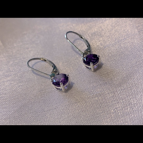 Amethyst Purple Circle Round Stone Drop Earrings - Picture 3 of 7